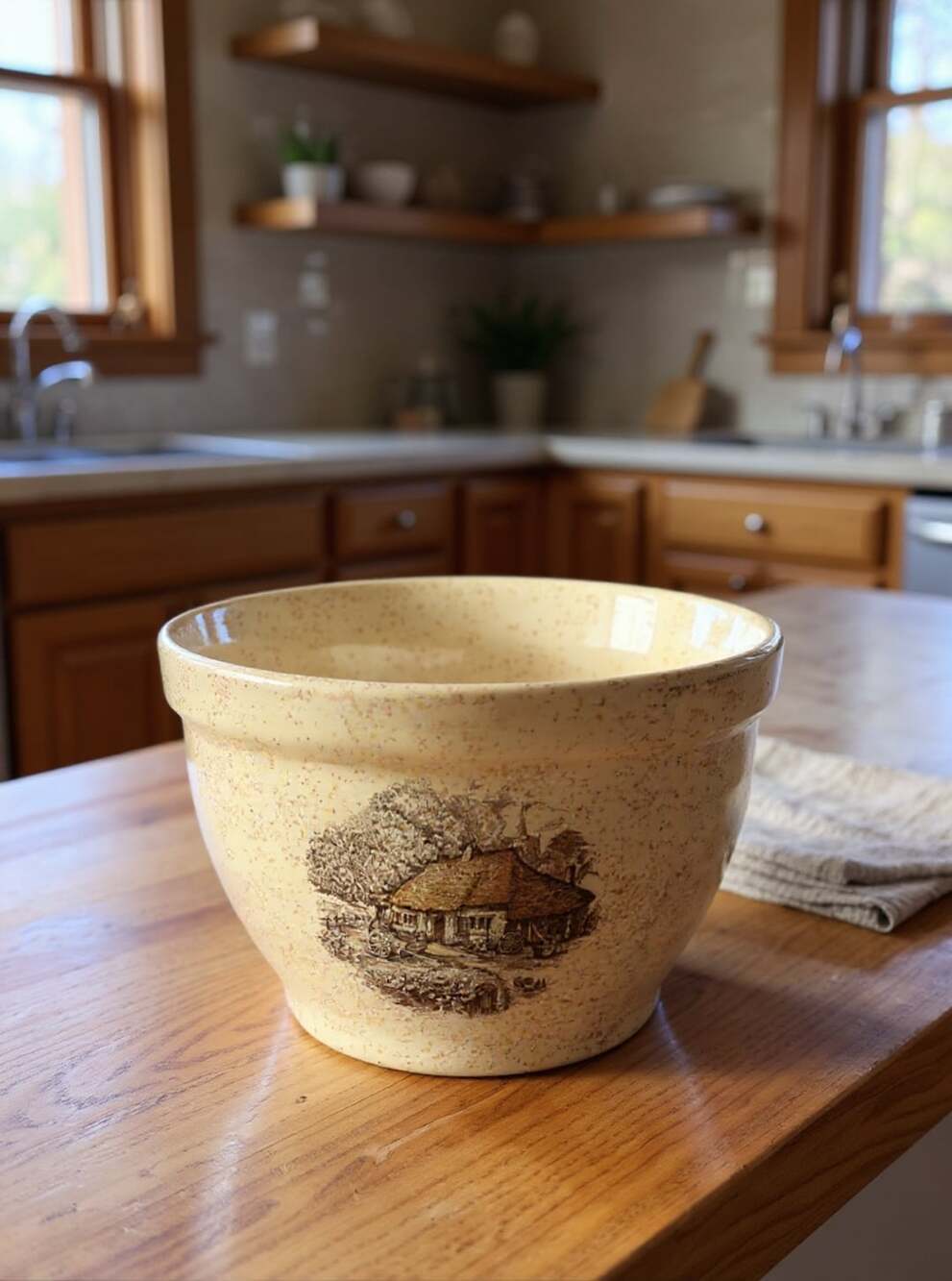 Stoneware Cottage Scene Mixing Bowl Yellow Speckled Kitchenware